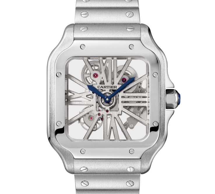 The blue sword-shaped hands are striking on the skeleton dials, providing optimum legibility.