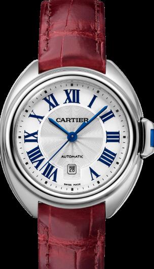 The red leather stap is striking contrasting to the silvered dial, enhancing glamour of the ladies perfectly.