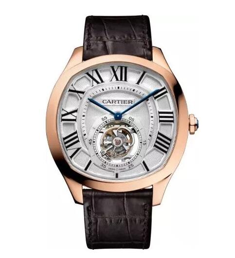 The black Roman numerals hour markers and blue sword-shaped hands are the iconic features of Cartier.