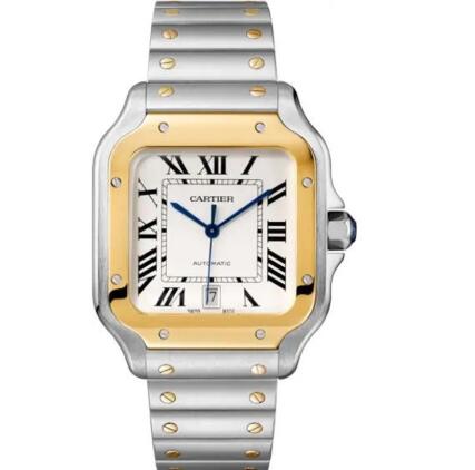The blue steel hands and black Roman numerals hour markers are striking on the silver of fake Cartier.